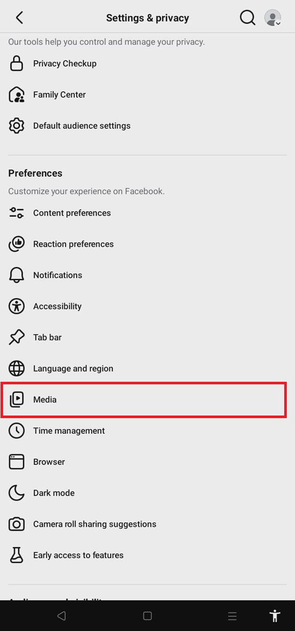 open facebook media settings on android