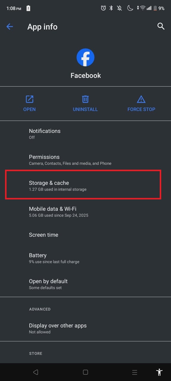 open facebook storage settings on android