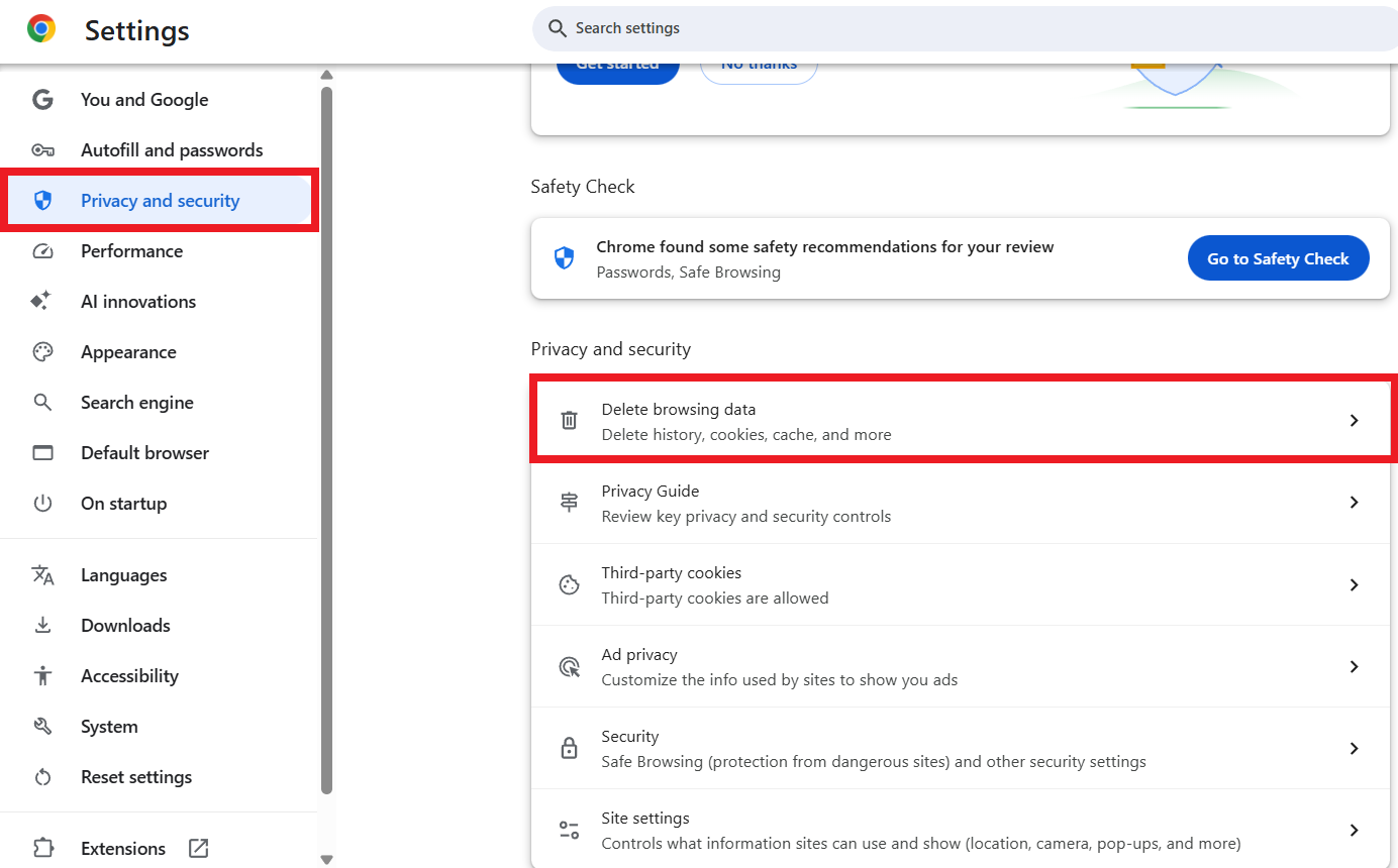 delete browsing data