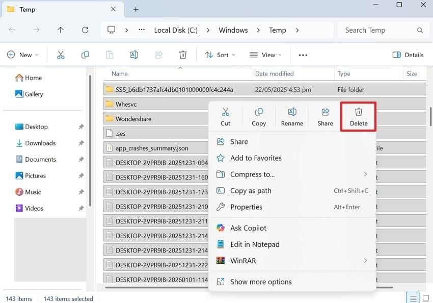 delete temporary files