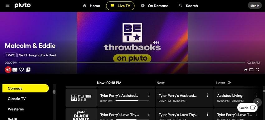 pluto tv main movie page