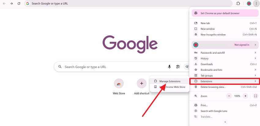 access manage extension option
