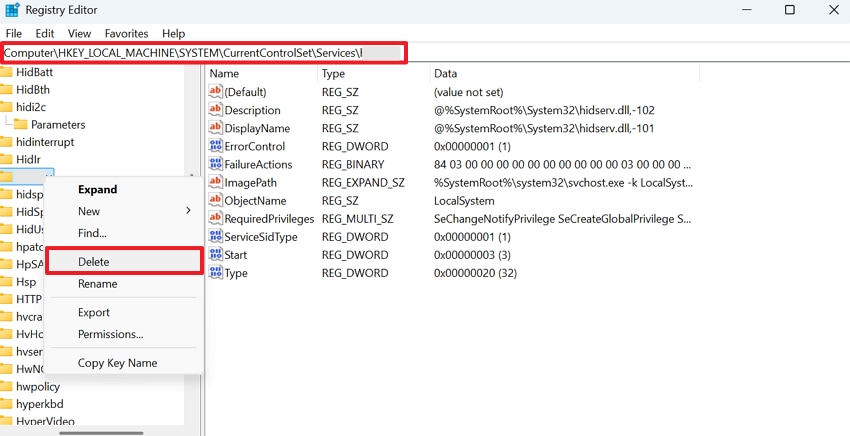 delete hffilter registry