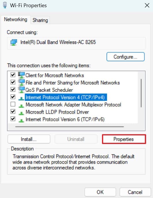 access properties for connection