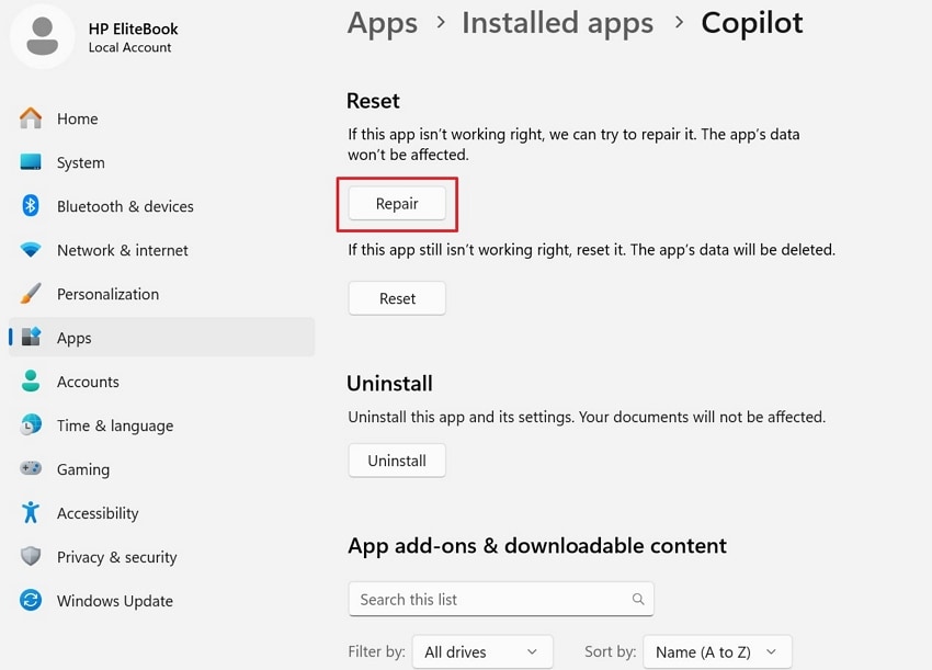 press the repair button