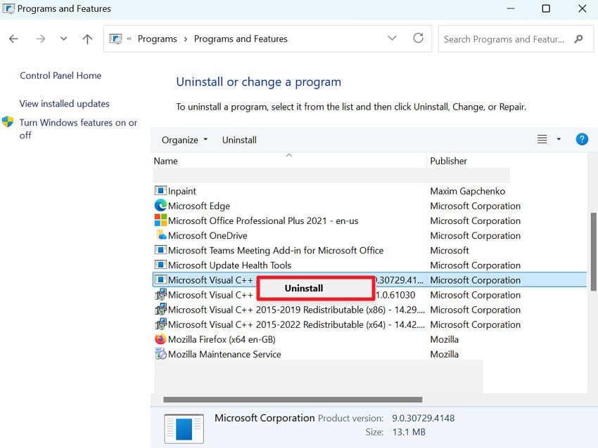 uninstall microsoft visual redistributable