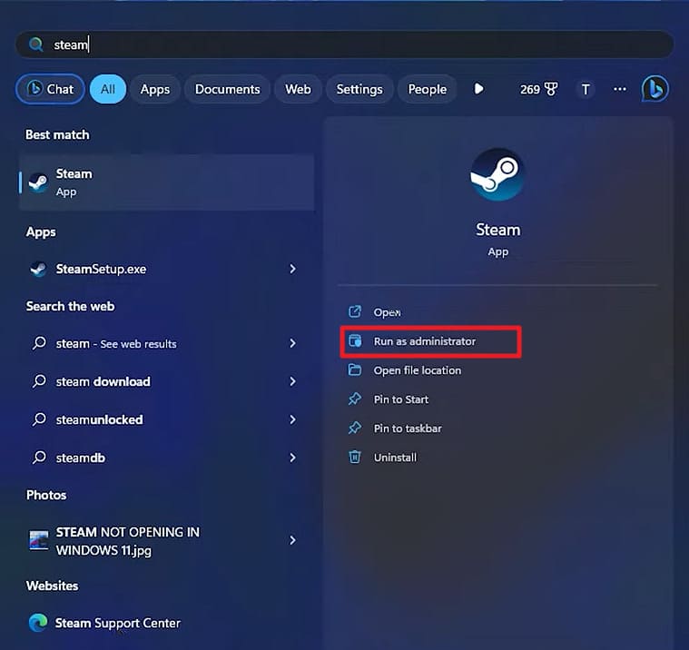restart steam via run as administrator