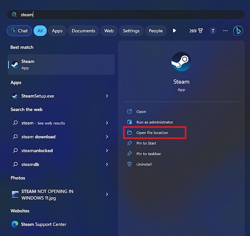 choose steam open file location