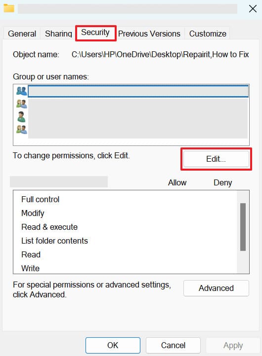 access security tab in properties