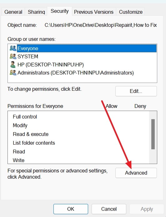 access properties choose security
