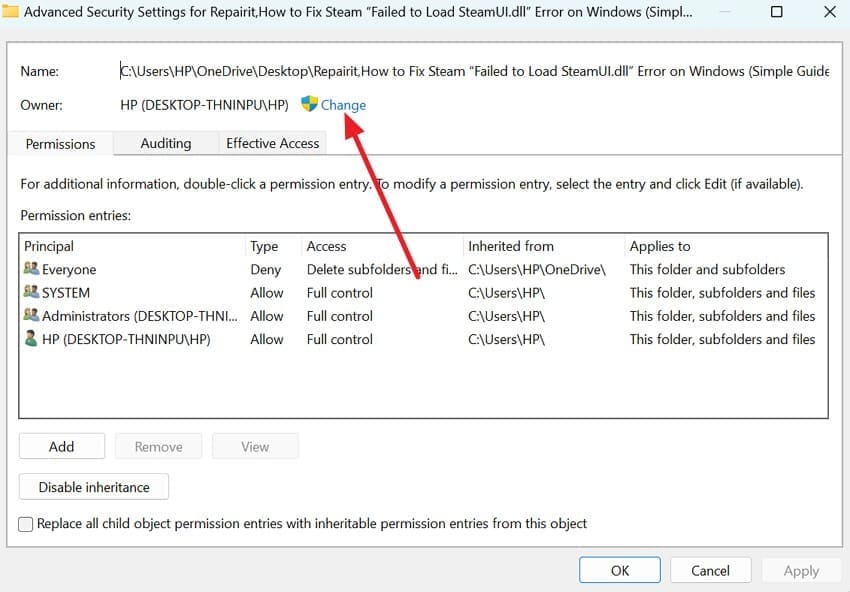 change ownership of folder