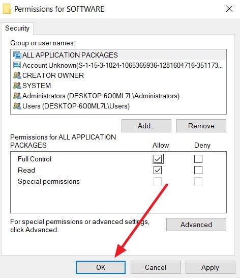 verify privileges press ok