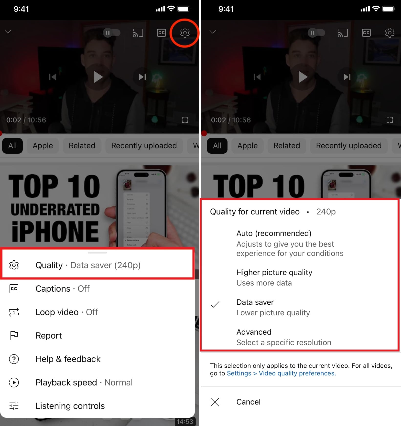 adjust youtube video quality