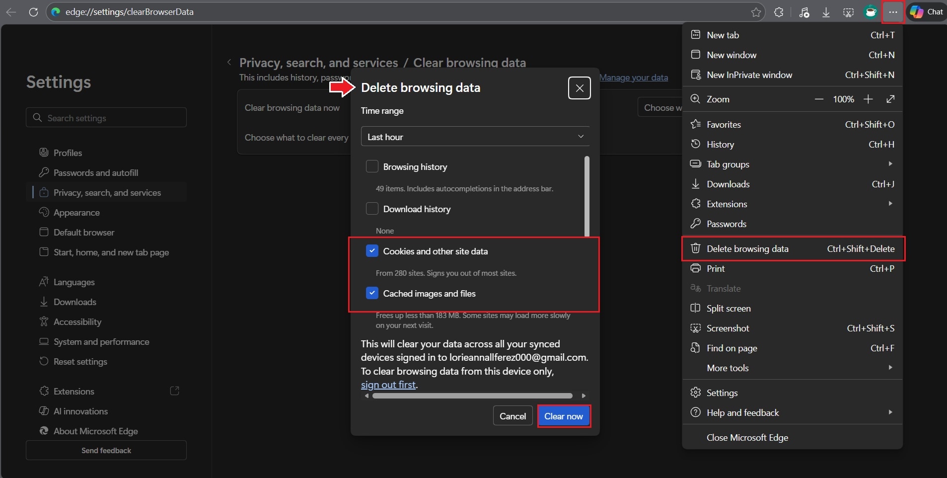 clear cache and cookies