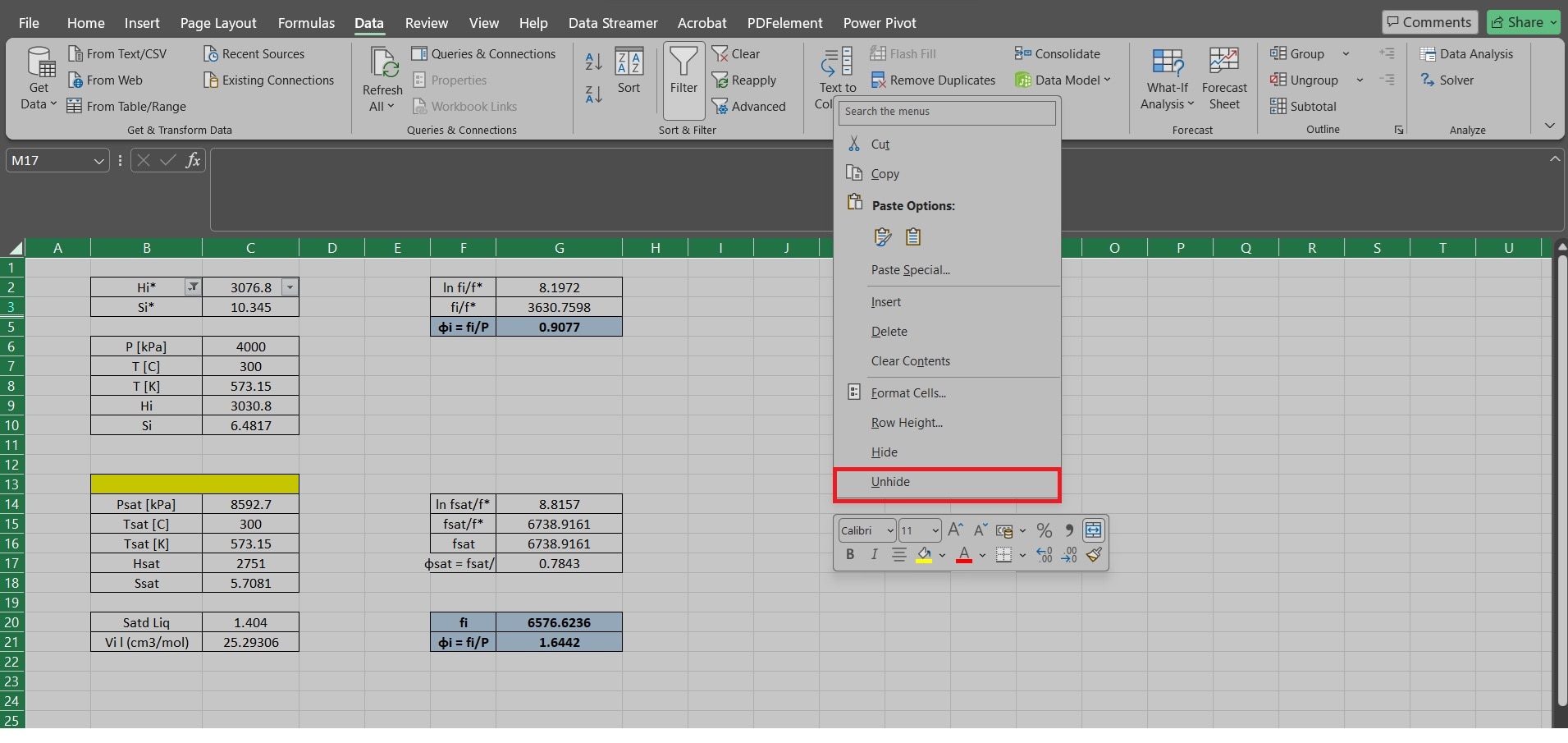 unhide rows or columns