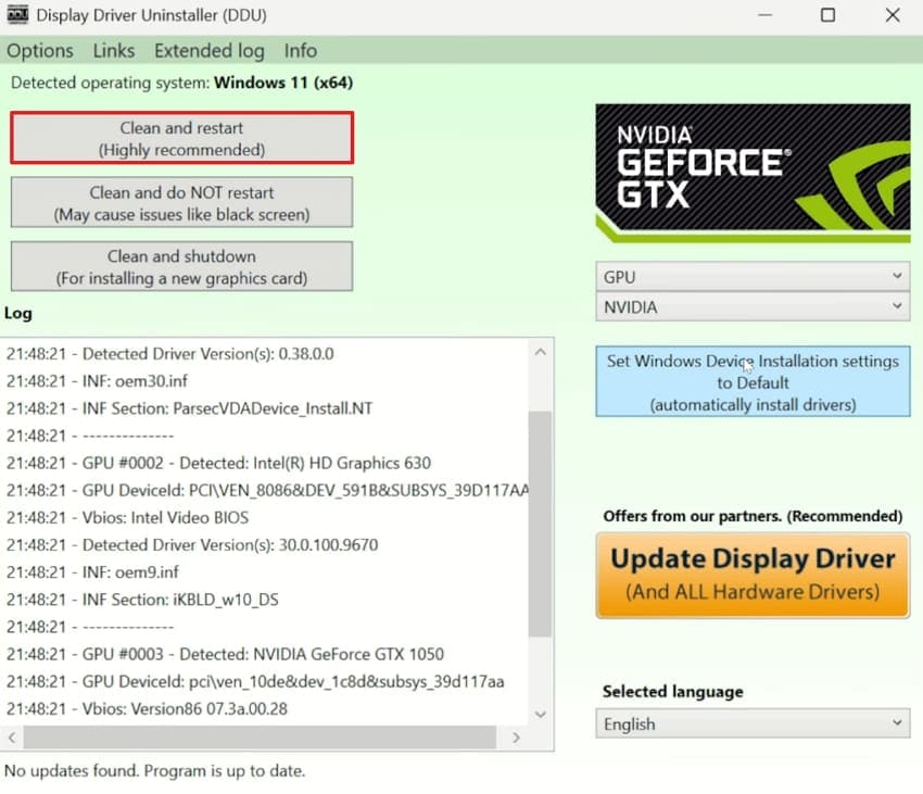 select clean and restart button