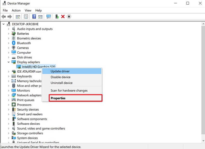 open device manager properties