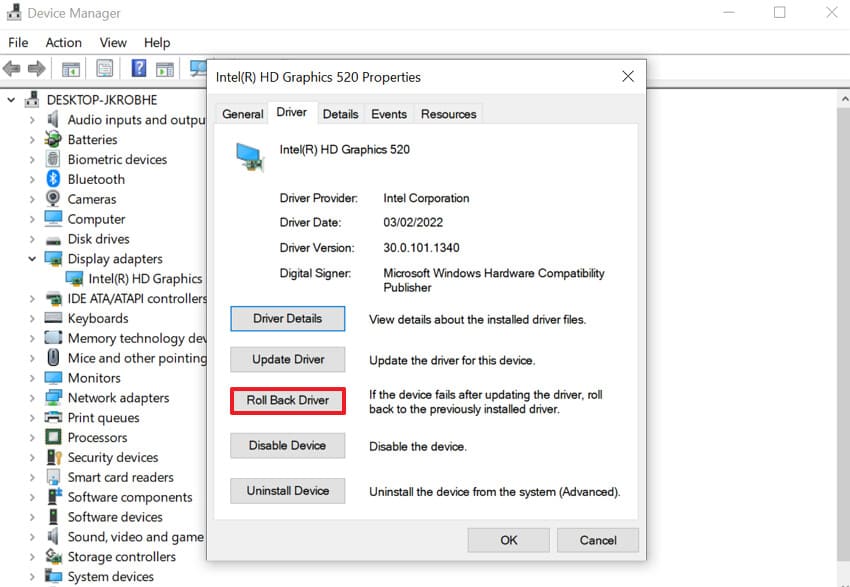 roll back graphic driver