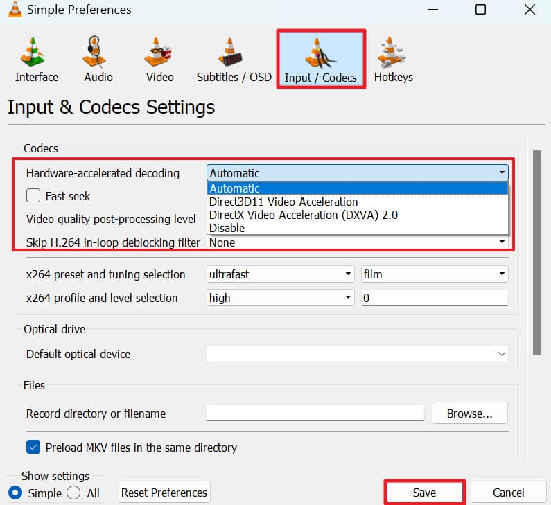 access input codec option