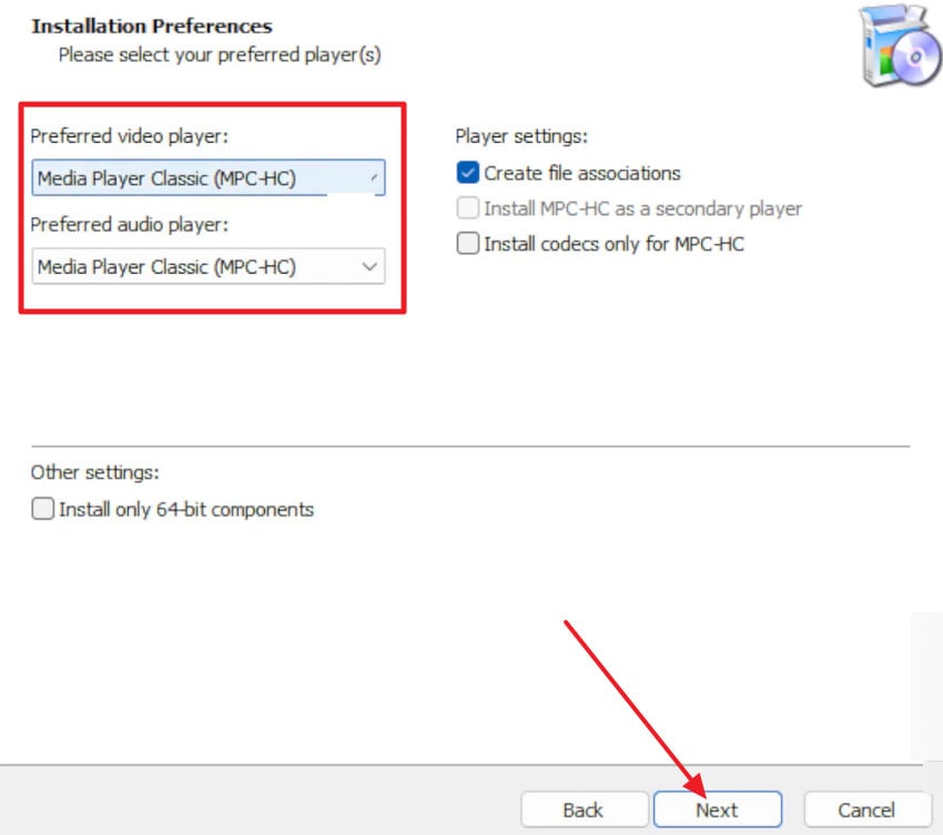 select installation preferences for codec