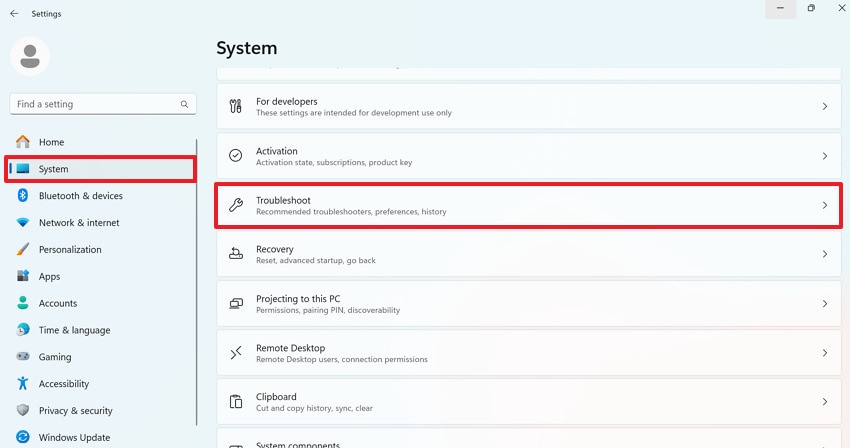 access troubleshoot option