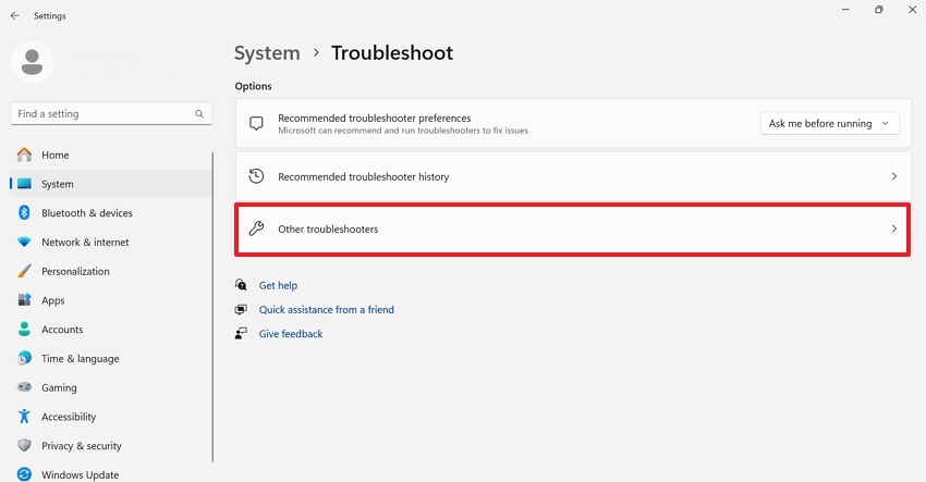 open other troubleshooters option
