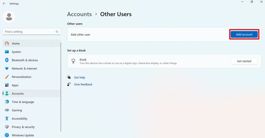 select add account option