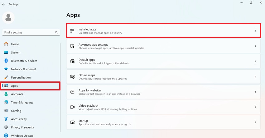 open installed apps option