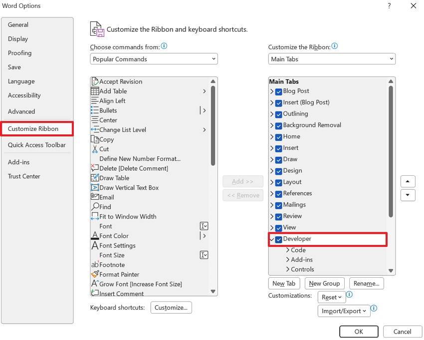 check developers option on word