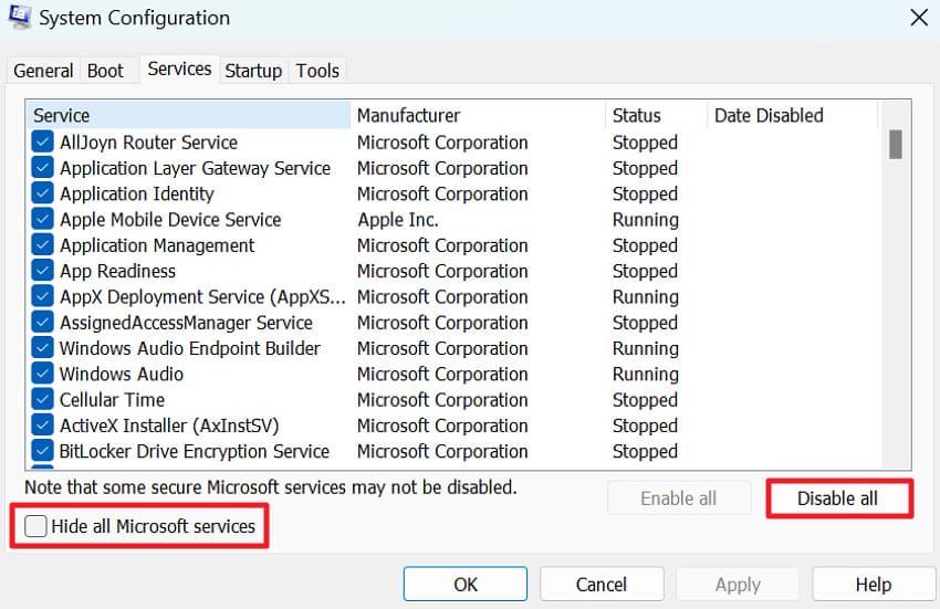 hide all services for clean boot
