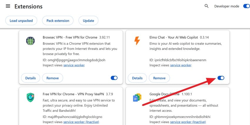 disable the extensions
