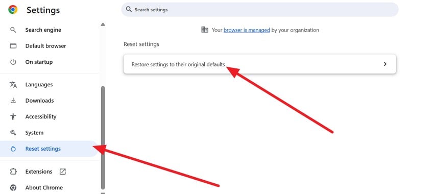 expand menu to reset settings