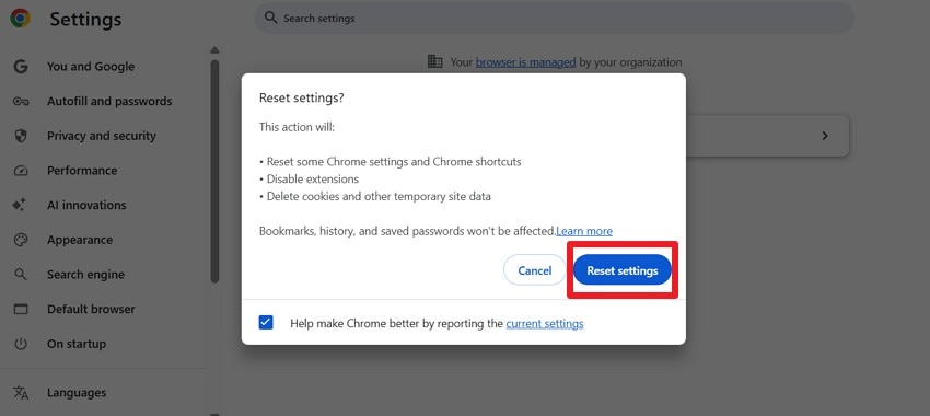 pick the reset settings button