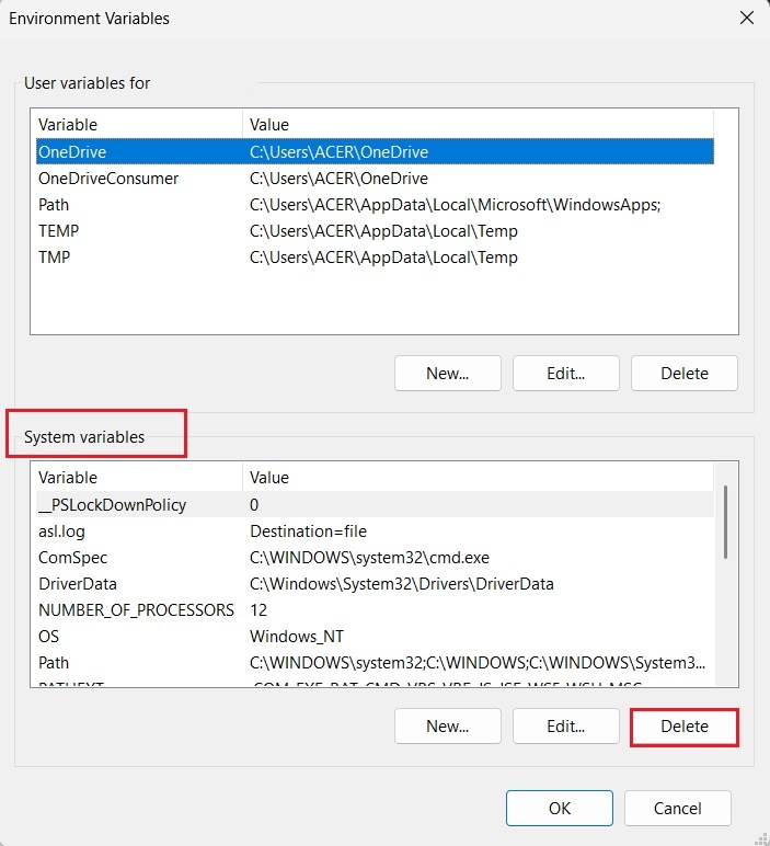 remove system variable