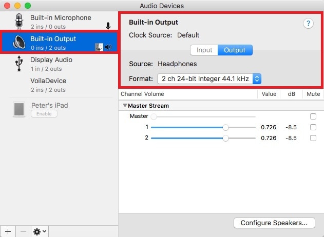 audio built-in output settings