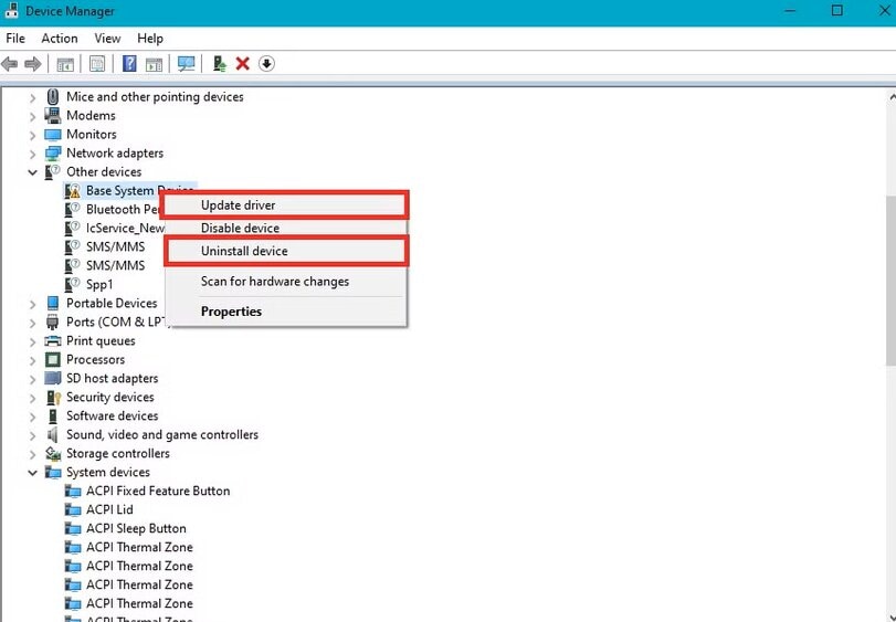 update or uninstall device