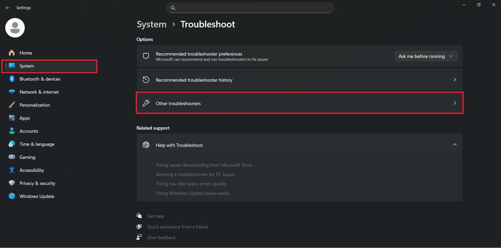 troubleshooter setings