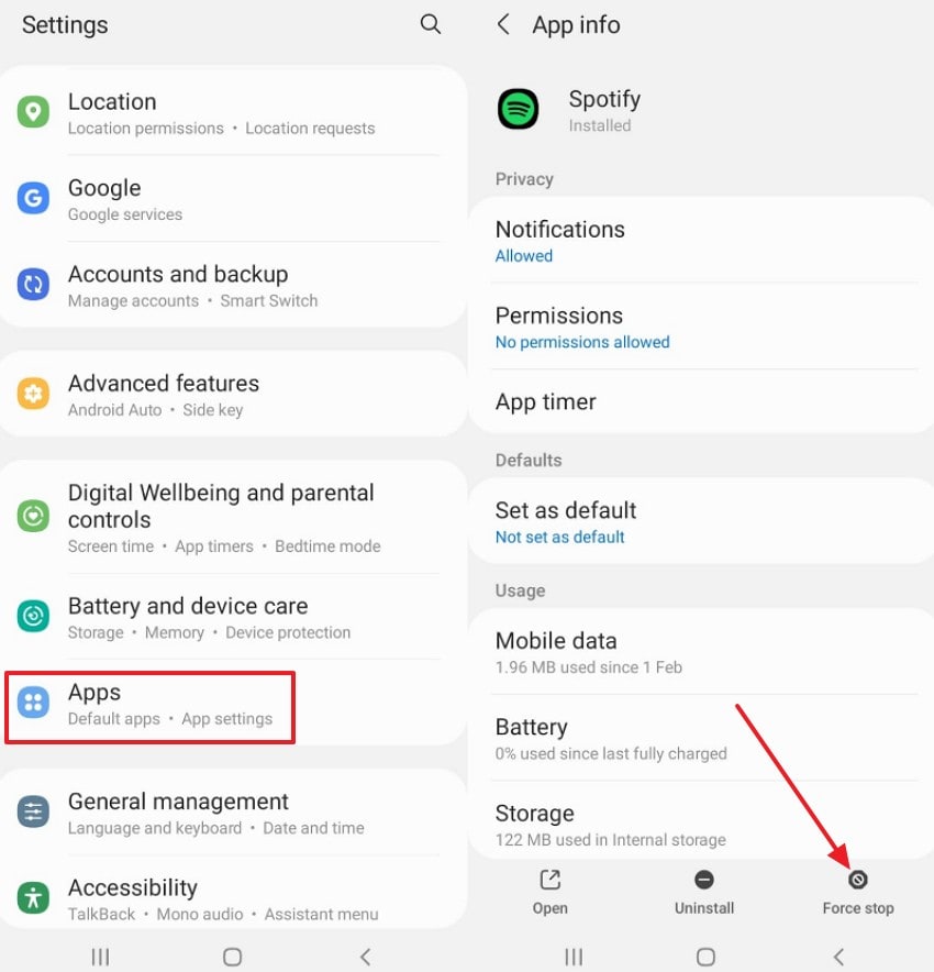 select the force stop option