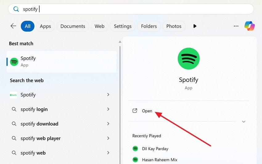 access the spotify from search bar