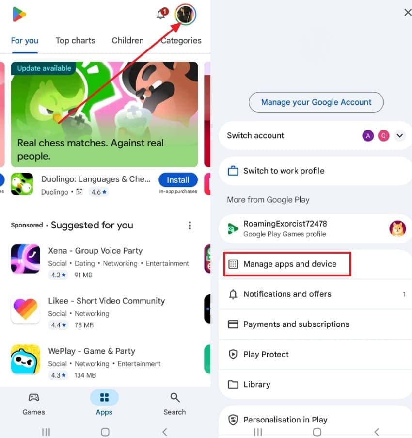 choose manage apps and device