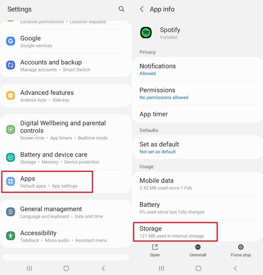 locate storage option in apps
