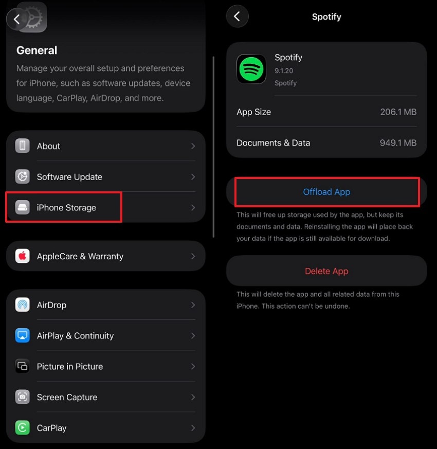 tap on offload app button