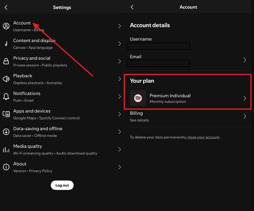 select the account option