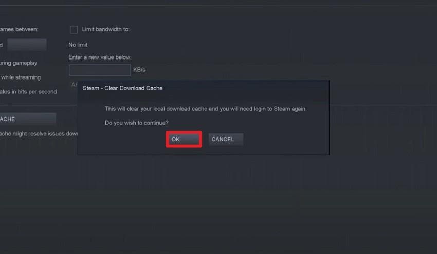 press ok to delete cache