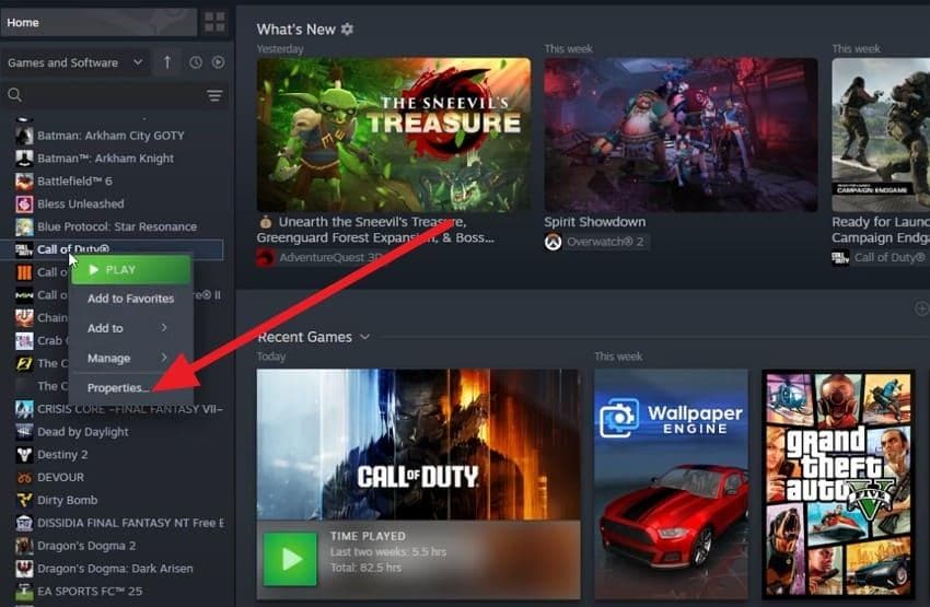 choose the properties option