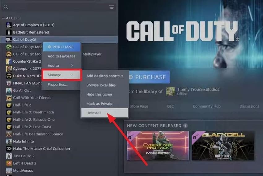 choose to uninstall call of duty
