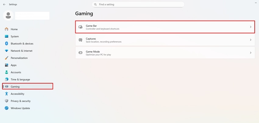 choose game bar in gaming menu