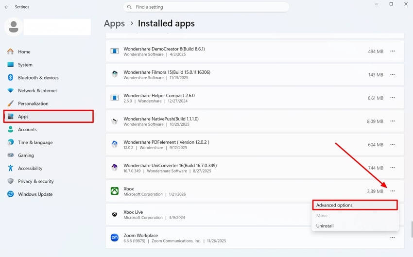 access the advanced options in apps