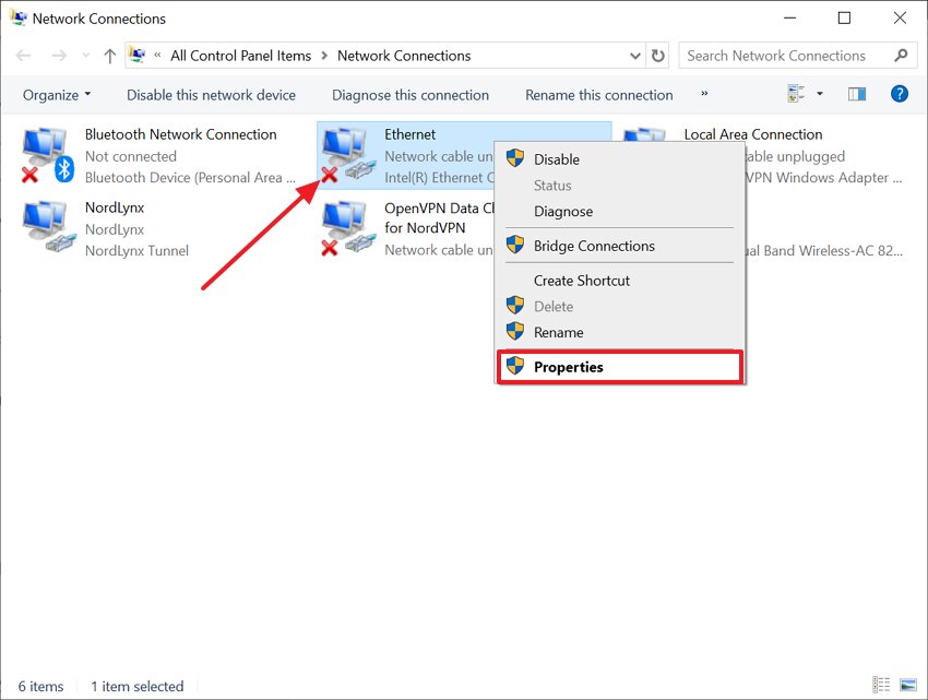 open the properties of the ethernet option