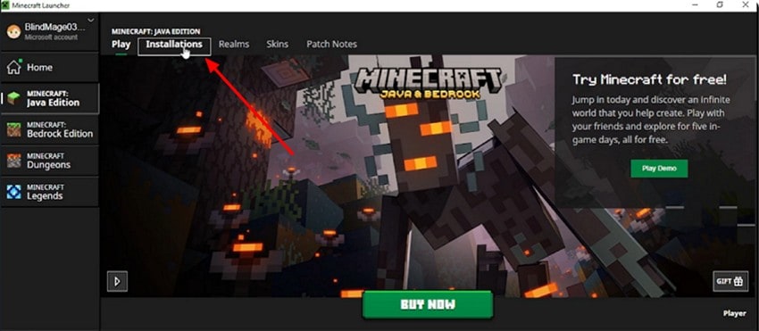 open minecraft app to choose installation option